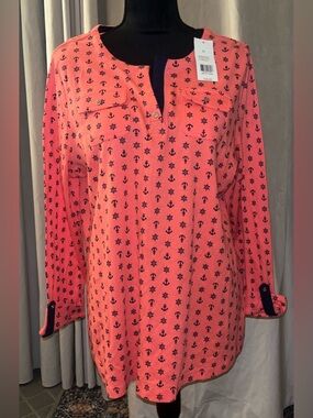 Kim Rogers Coral Top with Navy Anchor & Wheel Print NWT XL